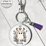 cottagecore winter ghost gothic halloween round keyring option to personalise