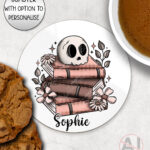 19956 skull books gothic personalised coaster
