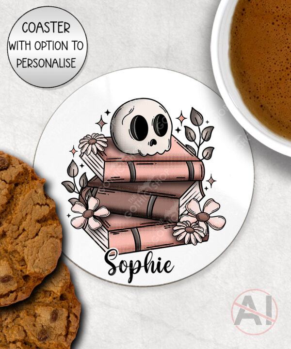 19956 skull books gothic personalised coaster