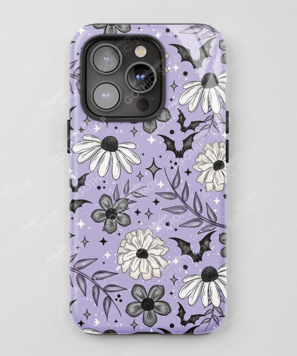 purple daisy flowers & bats gothic phone case for iphone samsung pixel
