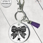 black lace bow & spider gothic round keyring option to personalise
