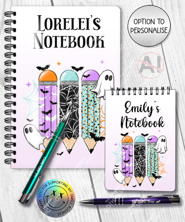 ghosts with pencils halloween notebook journal option to personalise