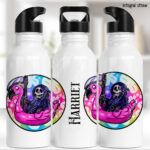 grim reaper in pink flamingo float gothic water bottle option to personalise