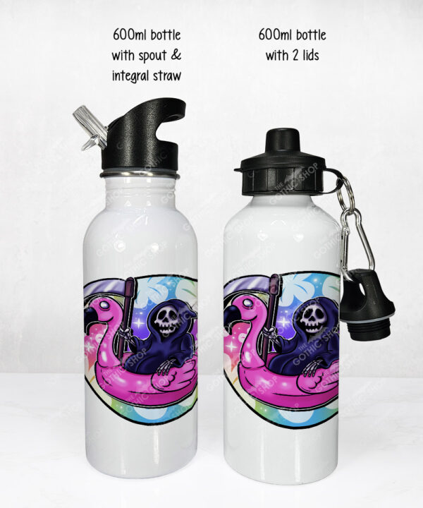grim reaper in pink flamingo float gothic water bottle option to personalise