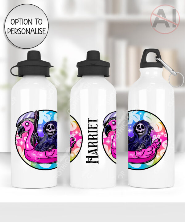 grim reaper in pink flamingo float gothic water bottle option to personalise
