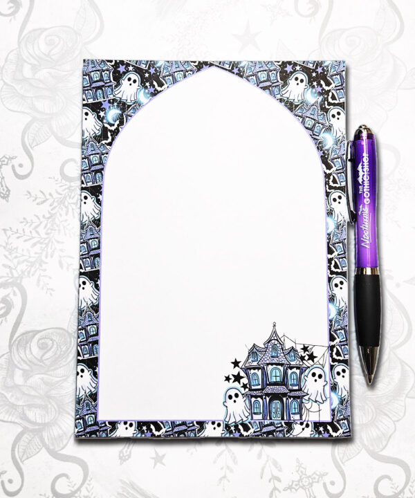 purple haunted mansion & ghosts gothic halloween a5 notepad