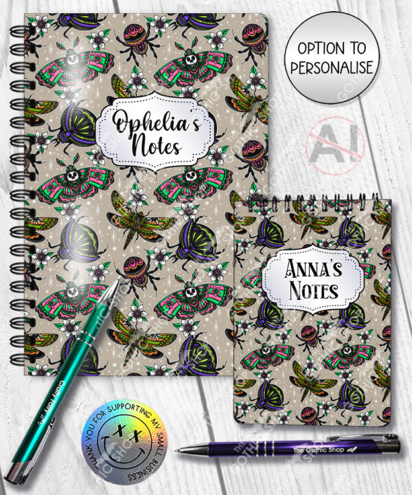 tatted bugs & moths beige gothic notebook journal option to personalise