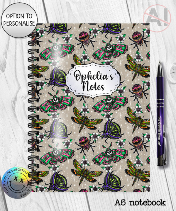 tatted bugs & moths beige gothic notebook journal option to personalise