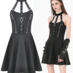 vespera gothic black buckle & harness skater dress by dark in love