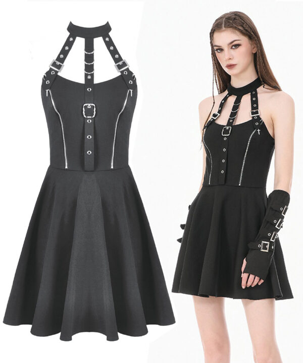 vespera gothic black buckle & harness skater dress by dark in love