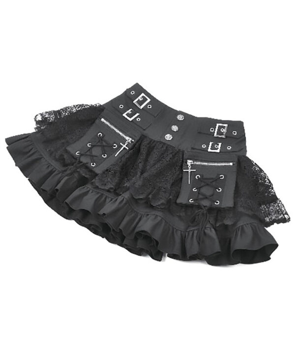 florence gothic black lace ruffle mini skirt with buckles by dark in love