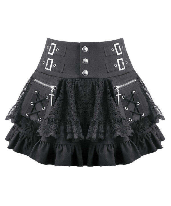 florence gothic black lace ruffle mini skirt with buckles by dark in love