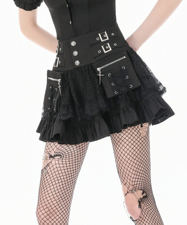florence gothic black lace ruffle mini skirt with buckles by dark in love
