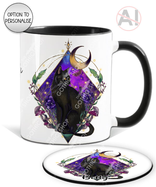 20281 whimsical black cat personalised mug coaster