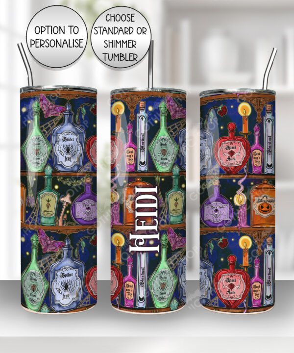 witch’s potion bottles on shelves straight tumbler option to personalise