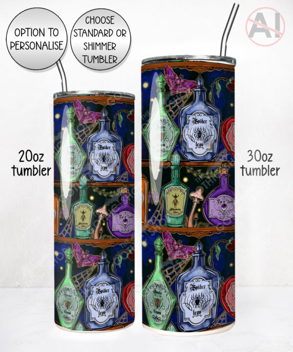 witch’s potion bottles on shelves straight tumbler option to personalise