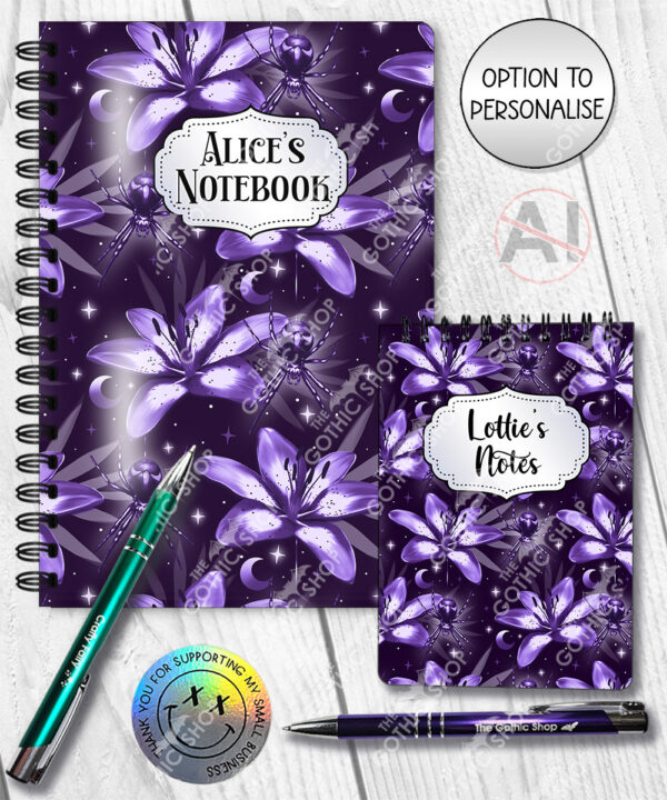 gothic spider & purple lily witchy notebook journal option to personalise
