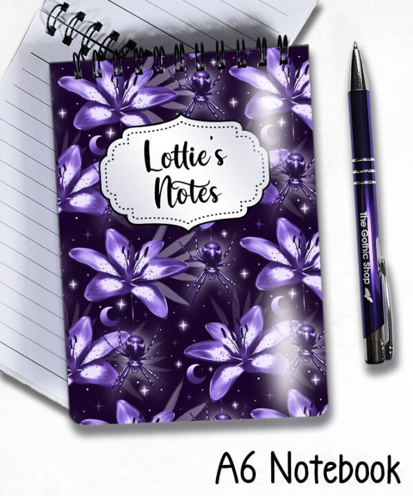 gothic spider & purple lily witchy notebook journal option to personalise