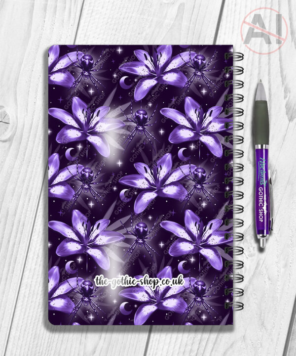 gothic spider & purple lily witchy notebook journal option to personalise