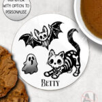 20344 skellie cat bat gothic coaster