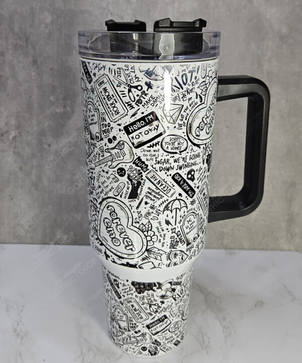 black white emo lyrics gothic print large 40oz insulated tumbler with handle second