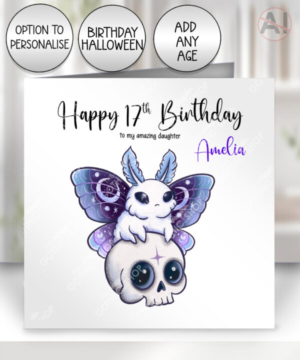 celestial moth & skull gothic birthday or halloween card option to personalise