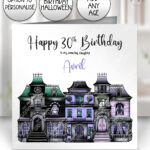haunted houses gothic halloween birthday or halloween card option to personalise