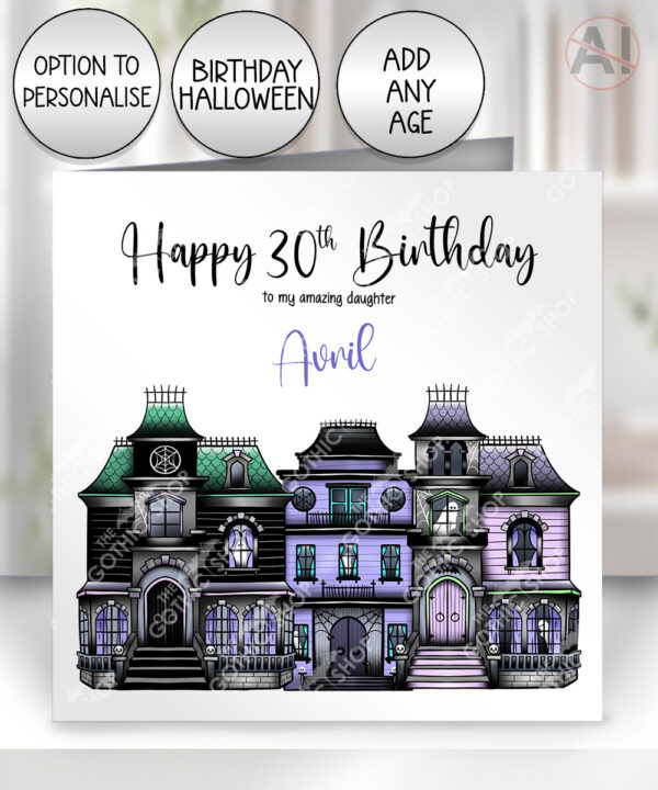 haunted houses gothic halloween birthday or halloween card option to personalise