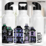haunted houses gothic halloween water bottle option to personalise