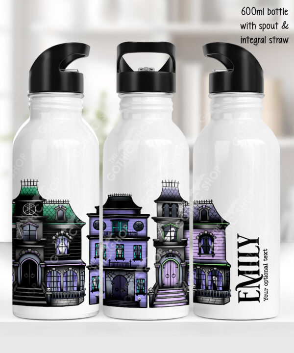 haunted houses gothic halloween water bottle option to personalise