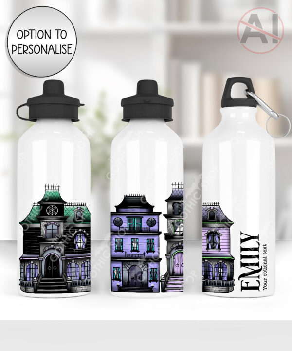 haunted houses gothic halloween water bottle option to personalise