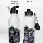 haunted houses gothic halloween water bottle option to personalise