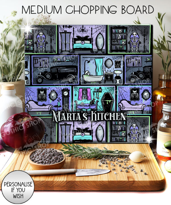 haunted manor gothic house halloween glass chopping board option to personalise