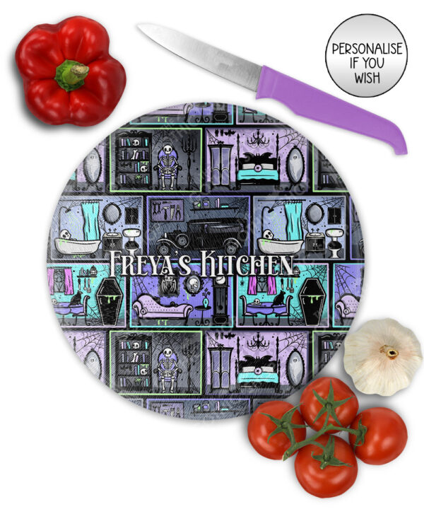haunted manor gothic house halloween glass chopping board option to personalise