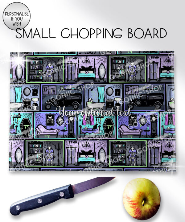 haunted manor gothic house halloween glass chopping board option to personalise
