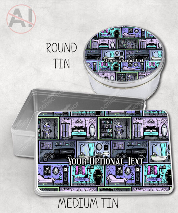haunted manor gothic house halloween storage tin option to personalise