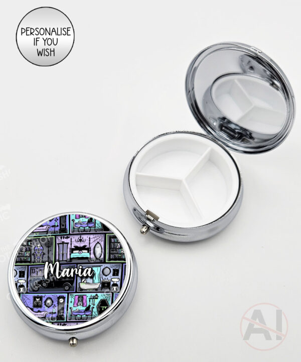 haunted manor gothic house halloween round pill box option to personalise