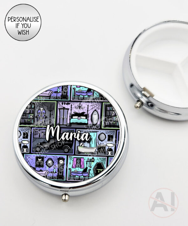 haunted manor gothic house halloween round pill box option to personalise