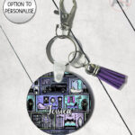 haunted manor gothic house halloween round keyring option to personalise