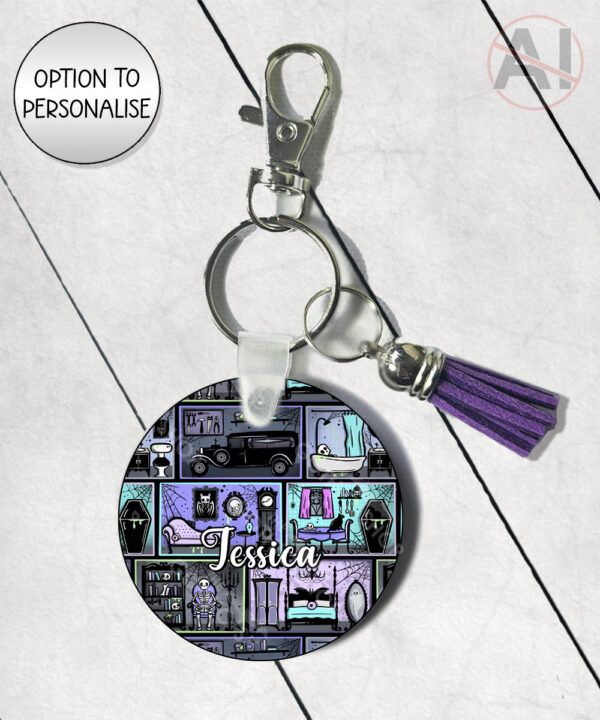 haunted manor gothic house halloween round keyring option to personalise