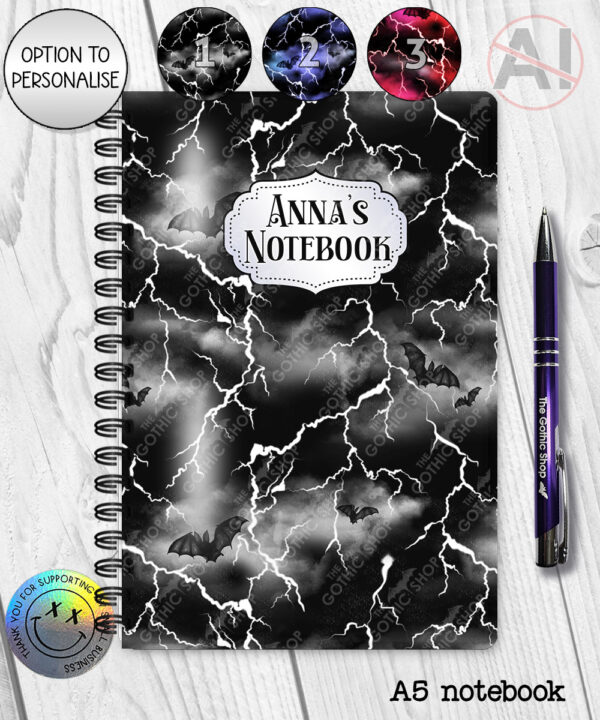 bats & stormy skies gothic notebook journal option to personalise