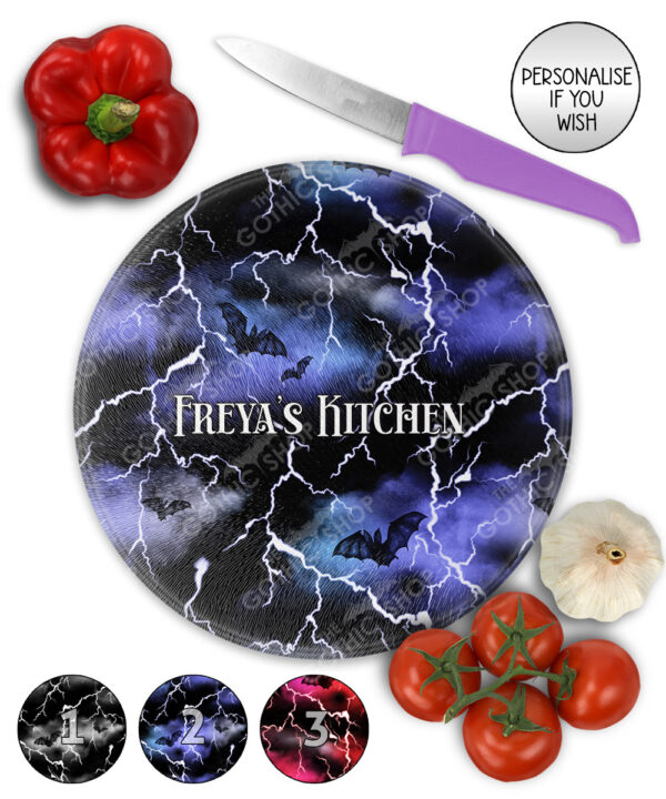 bats & stormy skies gothic glass chopping board option to personalise