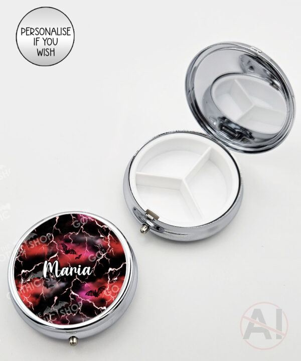 bats & stormy skies gothic round pill box option to personalise