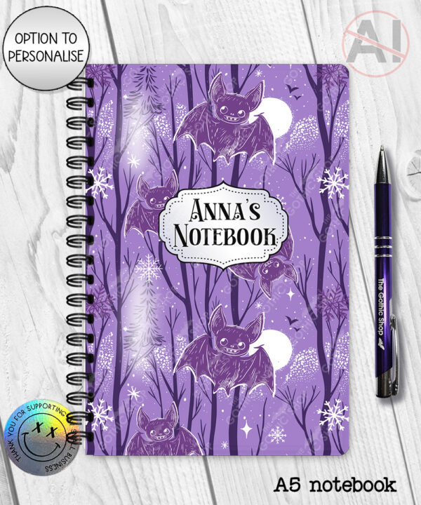 winter bats purple gothic halloween notebook journal option to personalise