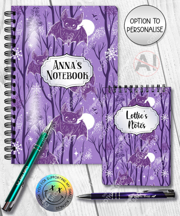 winter bats purple gothic halloween notebook journal option to personalise
