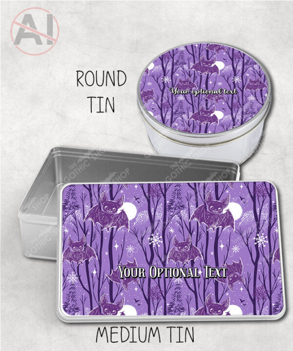 winter bats purple gothic halloween storage tin option to personalise