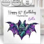 purple teal zombie bat gothic birthday or halloween card option to personalise