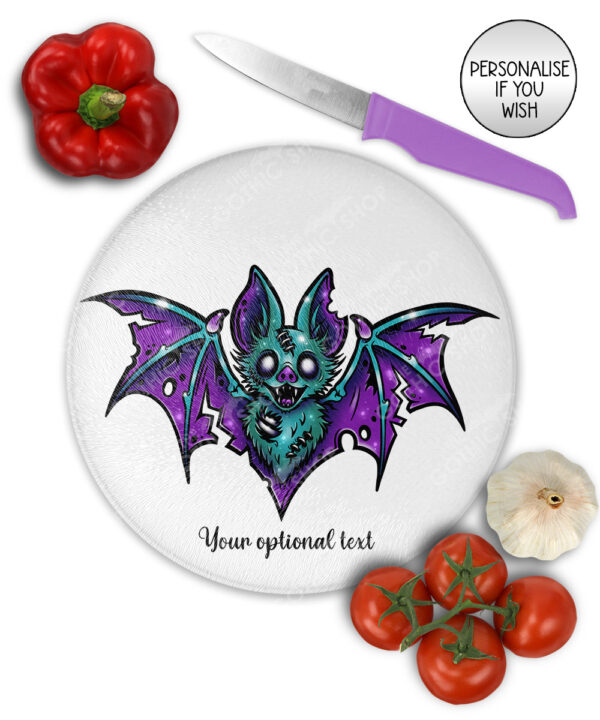 purple teal zombie bat gothic glass chopping board option to personalise