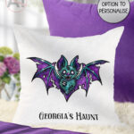 purple teal zombie bat gothic velvet cushion option to personalise
