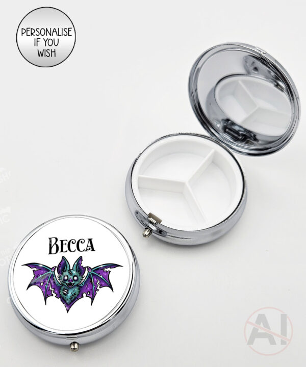 purple teal zombie bat gothic round pill box option to personalise